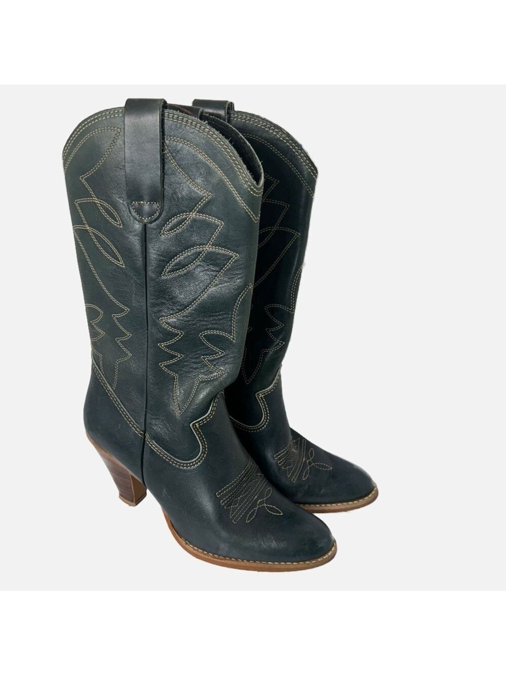 VTG Thom McAn Leather Western Cowgirl Heeled Boots Blue 6-6.5